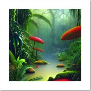 Digital Painting Of a Lush Wet Natural Jungle and Lake Posters and Art